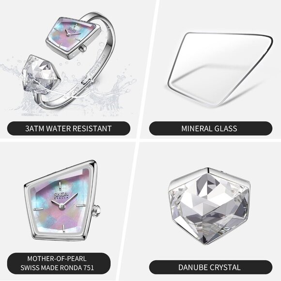 Women\'s Silver Cuff Bangle Quartz Watch Shaped Mineral Case Stainless Steel